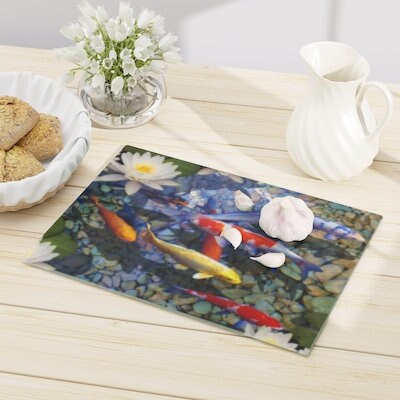 Lucky 8 Kois Fish Glass Cutting Board,Cheese serving board.Gift for Valentines/Housewarming/Birthday/Anniversary/Graduation/Mothers Day
