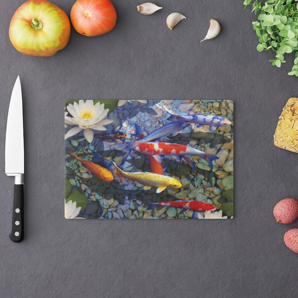 Lucky 8 Kois Fish Glass Cutting Board,Cheese serving board.Gift for Valentines/Housewarming/Birthday/Anniversary/Graduation/Mothers Day