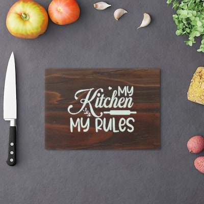My K Rules Oakwd look Glass Cutting/Cheese Board,Kitchen quote,Gift for Valentine/Housewarming/Birthday/Anniversary/Graduation/Mothers Day