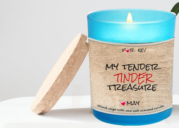 Personalized My Tender Tinder Treasure 9oz Blue Glass Candle Valentine Day gift for boy/girlfriend,couple anniversary gift for husband wife