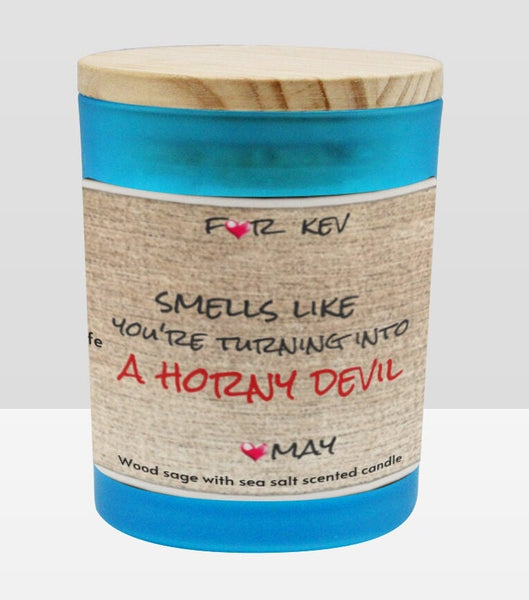 Personalized Horny Devil Blue Glass Candle 9oz Valentine Day gift for boy/girlfriend,horny couple anniversary gift,funny gift for horny wife